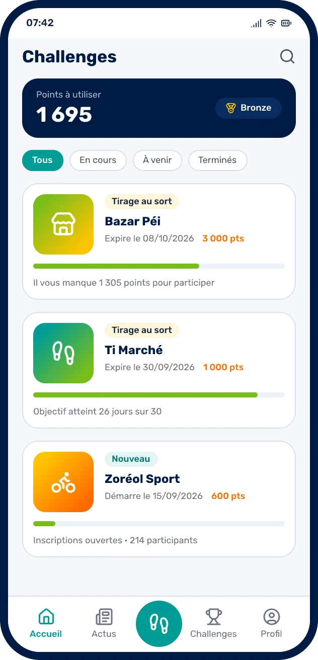 Écran des défis de l'application MOOVAOU : défis des enseignes à jouer avec ses points